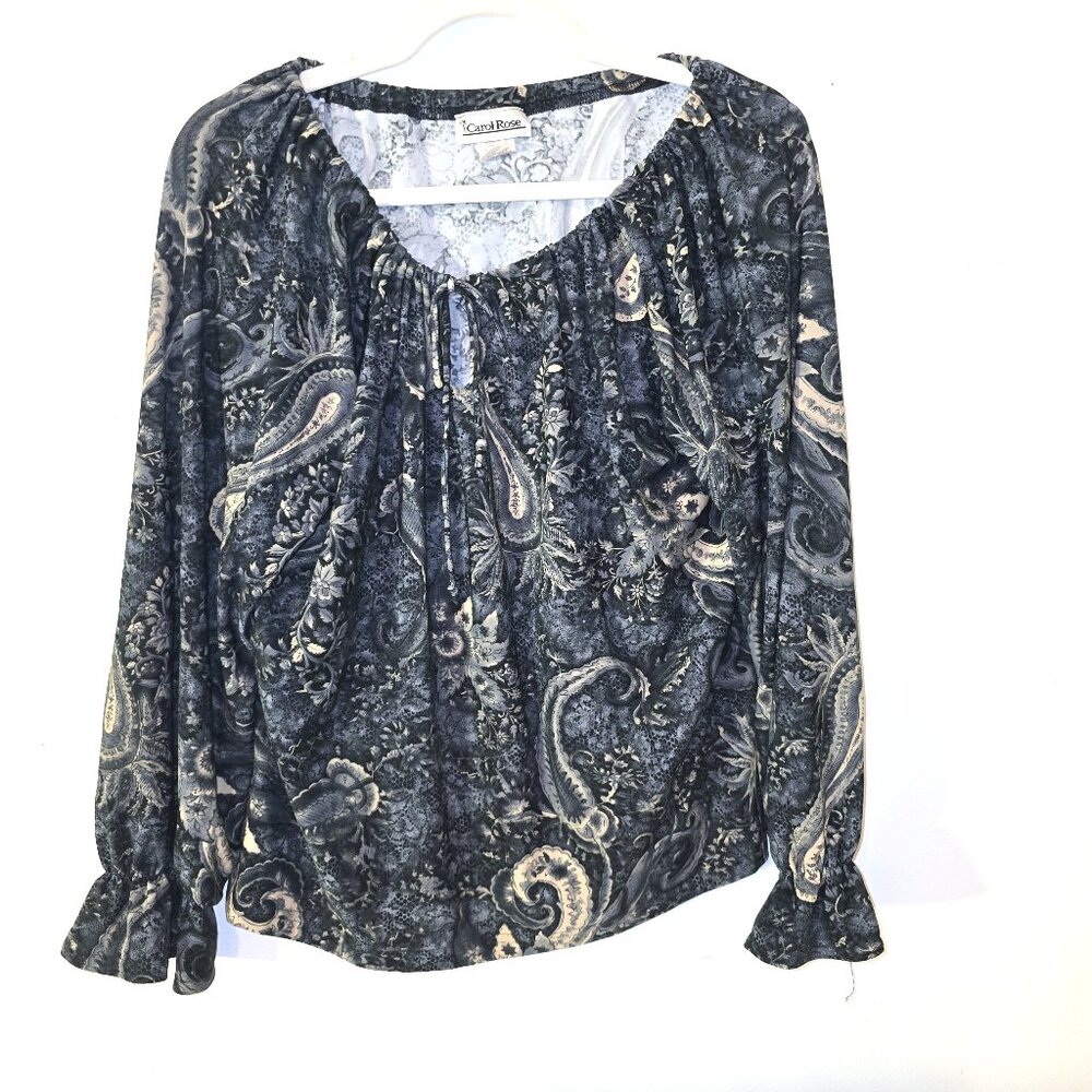 Carol Rose Black, Gray and Tan, Paisley Floral Peasant Blouse 1X